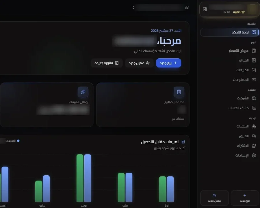 The sales dashboard in Arabic: sales, payments and amount due, and a six-month sales-versus-collection chart, with the company name and figures blurred.